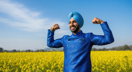 Joyful Sikh Man Flexing in Vibrant Mustard Field