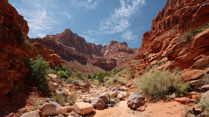 Red rock canyon narrows with clear blue sky, desert landscape, hiking trail, Nevada adventure.
