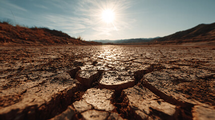 Parched earth, cracked landscape under a blazing sun – drought, climate change, environmental devastation concept.