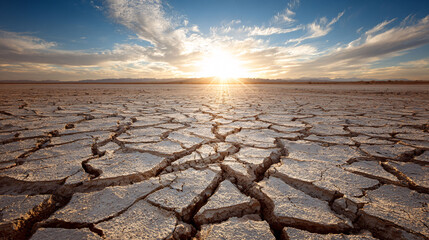 Cracked earth desert landscape at sunset, symbolizing drought, climate change, and environmental devastation.