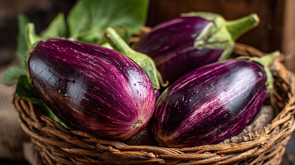 Fresh striped fairytale eggplants in a rustic woven basket, healthy organic produce closeup