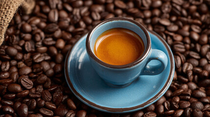 Fototapeta premium Freshly brewed espresso in a turquoise cup surrounded by roasted coffee beans, warm and inviting.