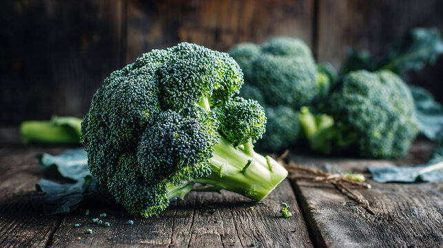 Fresh vibrant broccoli florets on rustic wood, healthy eating, organic produce, close-up food photography.