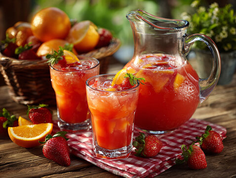 Refreshing strawberry orangeade in a glass pitcher with fresh fruit, summer drink concept.