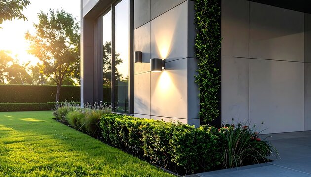 Contemporary building exterior with lush green landscaping and evening sunlight