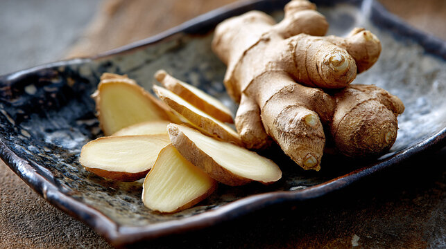 Fresh ginger root slices on a rustic black plate, healthy cooking ingredient, close-up studio shot - Powered by Adobe