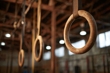 Gymnastic rings hanging in a blurred gym interior, fitness training equipment, strength and conditioning concept.