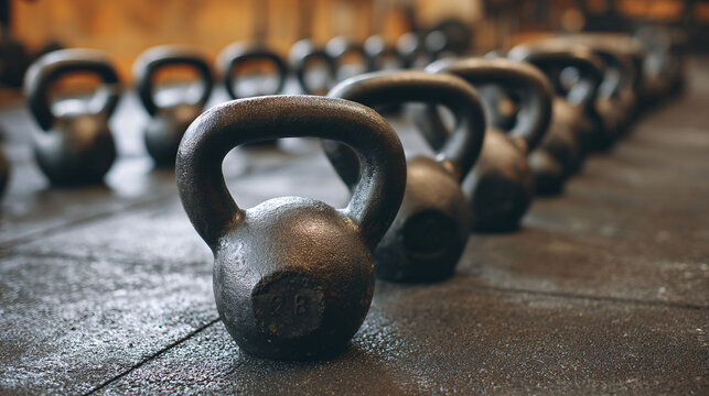 Row of heavy kettlebells in a gym, fitness equipment, strength training, workout motivation concept.