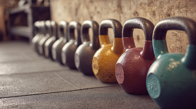 Row of colorful kettlebells in a gym, fitness equipment, strength training, workout motivation concept.
