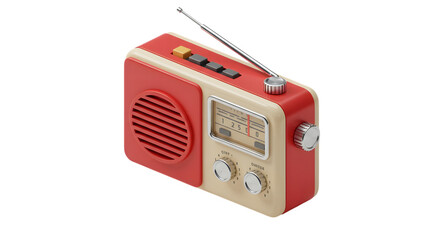 An isometric illustration of a 3D vintage portable radio in a red and cream design. A classic receiver with an antenna evoking nostalgia for music and broadcasting