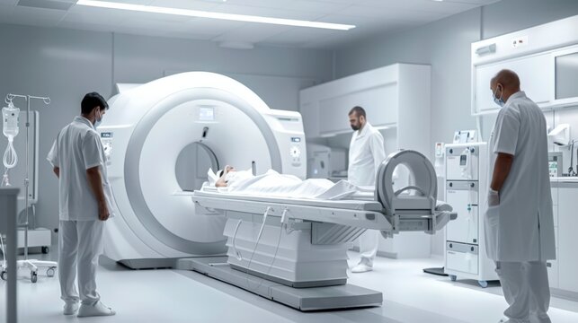 A modern medical imaging room with a CT scanner. Two male healthcare professionals in white uniforms assist a patient on the examination table. Bright, sterile environment. - Powered by Adobe