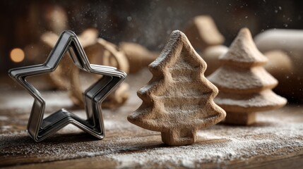Festive holiday scene featuring wooden Christmas tree decorations and a star-shaped cookie cutter on a rustic wooden surface.