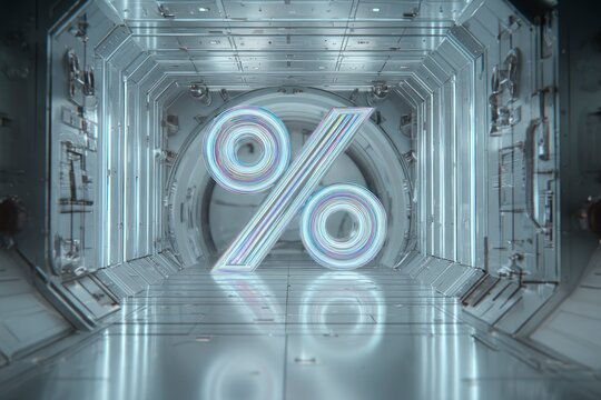 Concept of finance or savings. Neon percent symbol in high-tech vault with metallic walls.