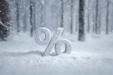Percent sign standing in snowy forest under falling snow. Concept: winter sale, seasonal discount, cold market conditions.