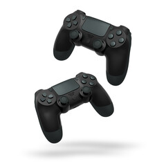 Wireless gaming controllers flying in air isolated on white background, symbolizing gaming technology concept