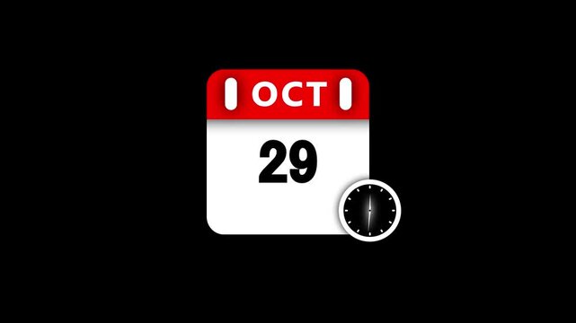 Red and white calendar page showing October 29th with a black clock icon date twenty-nine