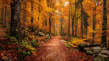Fototapeta premium Autumn forest path bathed in golden light, serene woodland scene, fall foliage, nature walk.
