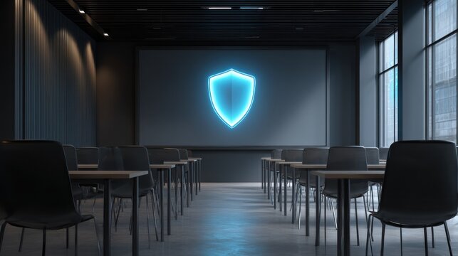 Empty classroom with a shield icon on the screen