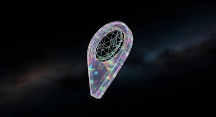 Transparent, iridescent location marker with internal network, floating against a starry expanse