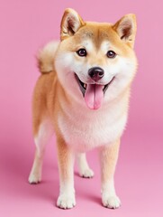 Shiba inu dog standing smiling on pink background