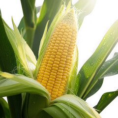 Fototapeta premium 3d ripe corn cob with green leaves isolated on transparent background