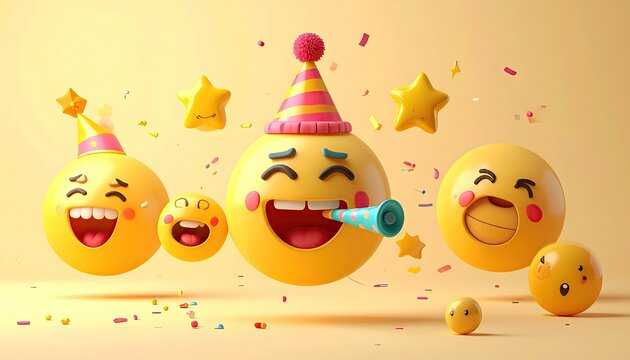 Happy emoji characters celebrating with party hats and confetti