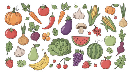 A colorful collection of various fruits and vegetables arranged in a flat lay style.