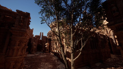Obraz premium Sunlight filters through the branches of a large tree, illuminating the intricate stone walls of ancient ruins. Dust swirls in the air, highlighting the historical beauty at dusk.