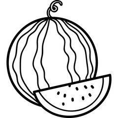 Line Art Illustration of a Whole Watermelon With a Slice Cut Out on a Transparent Background Suitable for Coloring and Design Projects