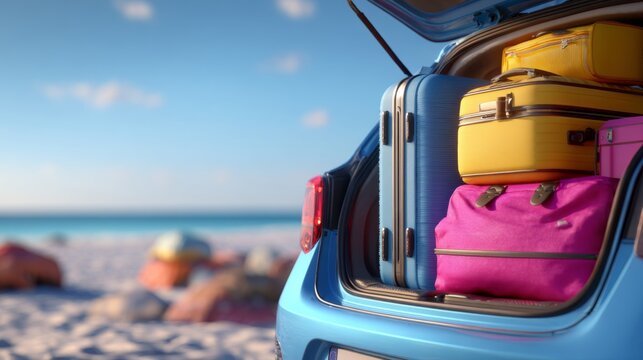A vibrant blue car with colorful suitcases packed for a beach getaway, glimmers under the sun, evoking a sense of adventure.