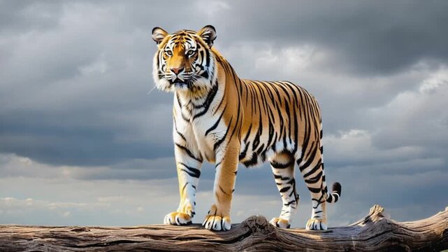 A majestic tiger standing on a fallen tree trunk with a cloudy sky in the background looking forward tiger video