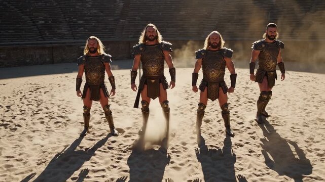 Four warrior figures stand in arena. Each gladiator wears armor and grips sword for battle. Pose suggests combat readiness and strength. Team formation on sand ancient stone adds dramatic atmosphere.