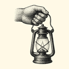 Retro lantern with human hand vintage engraving illustration © stock