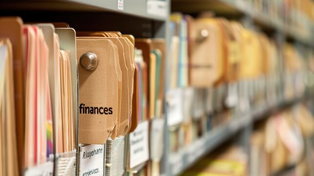 A close-up view of organized file folders on a shelf. The folders are labeled with various categories, including 'finances'.