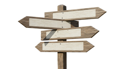 Wooden direction sign with four arrows isolated on transparent background, rustic signage for travel and outdoor adventure