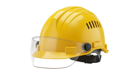 Fototapeta premium Yellow construction hard hat with face shield isolated, safety equipment for construction and industrial work PNG