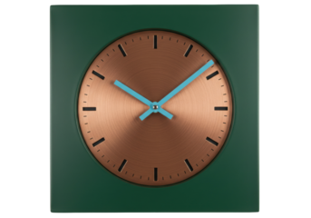 Green square wall clock isolated on transparent background, modern timekeeping device for home decor