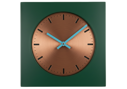 Green square wall clock isolated on transparent background, modern timekeeping device for home decor