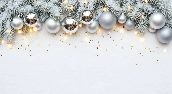 A festive Christmas garland with silver ornaments and twinkling lights on a white background.