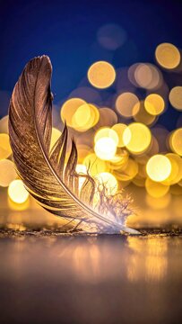 Elegant feather with blurred golden orbs in the background