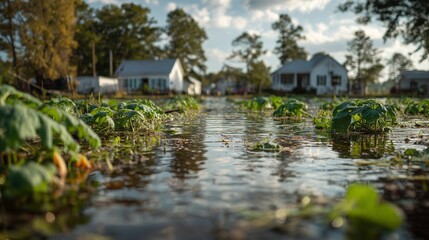 Flooded farmland with crops underwater, small farmhouses in background, reflective water surface, dramatic natural disaster scene.
