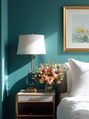 Gold frame on a teal accent wall in a boutique hotel room, bedside table with lamp and flowers, stylish décor, natural light.