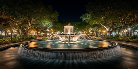 Long exposure of a city park fountain at night, water streams smooth and silky, surrounding trees illuminated, artistic night scene.
