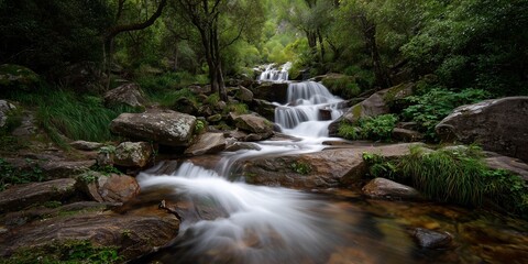 Long exposure of a waterfall in a forest, silky smooth water flow, surrounding rocks and greenery in sharp detail, serene atmosphere.