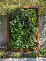 Vertical green screen frame mounted outdoors on a garden wall, surrounded by flowers and plants, sunlight casting soft shadows.