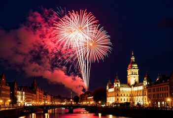 Naklejka premium Spectacular Fireworks Burst Over Historic Riverside Cityscape Illuminating Night Sky in Brilliant Colors Reflecting on Calm Water