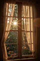 Golden Sunrise Shining Through Wooden Window with Translucent Curtains