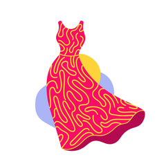 A vibrant pink dress with a swirling yellow pattern is displayed with abstract shapes in the background.