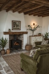 Cozy Living Room with Wood Beam Ceiling and Fireplace