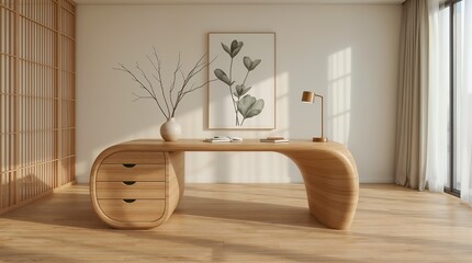 Minimalist Japanese-inspired home office with sculptural wooden desk and botanical art
